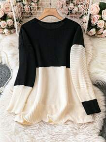 SHEIN LUNE 加大號兩色撞色下垂袖毛衣 - 黑與白 - 查看 2