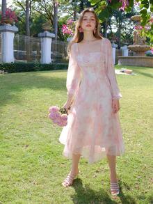 Women's Floral Printed Lantern Sleeve Dress - Pink - View 6
