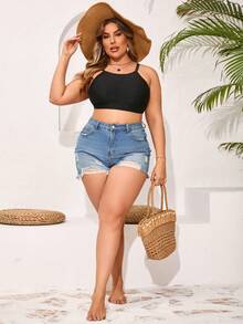 SHEIN Swim Curve Plus Size Women's Summer Beach Solid Color Bikini Top - Black - View 4