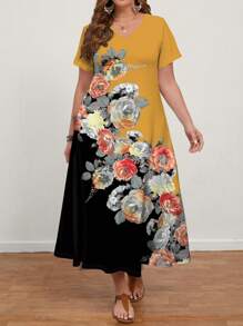 EMERY ROSE Women Plus Size Rose Flower Printed Short Sleeve Long Dress, Summer,Beach Dress Sundress,Holiday Outfits Boho