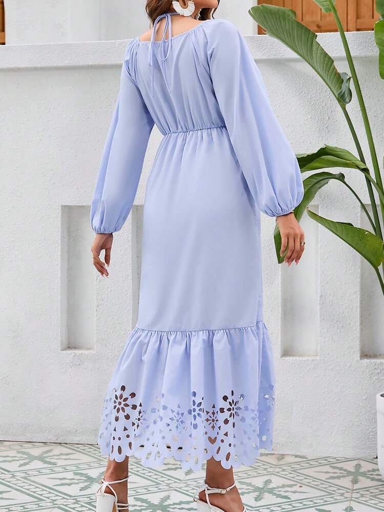 Women's Solid Color Lantern Sleeve Dress With Ruffled Hem