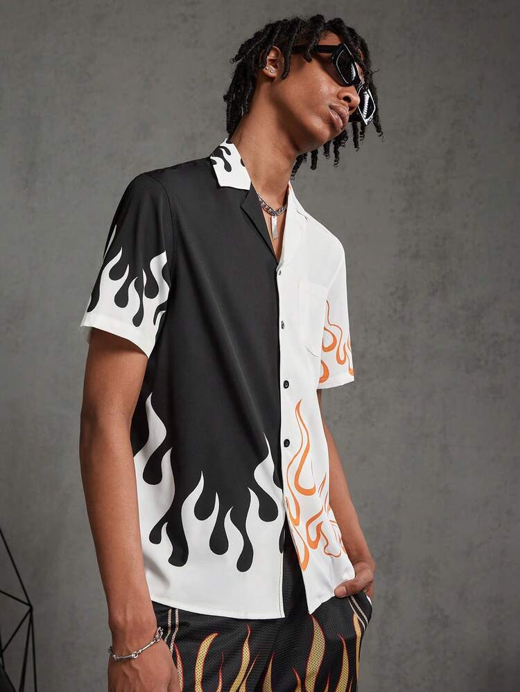 Men's Woven Color Block Flame Print Short Sleeve Shirt