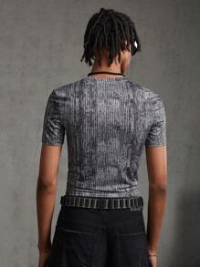 AXEPEAK Men's Metallic Letter Embroidery Short Sleeve Knit Casual T-Shirt, Summer, Streetwear Fashion - Grey - View 2