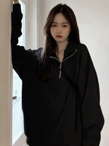 纯色半拉链落肩超大套头衫、长袖上衣 - 黑色 - 查看 1