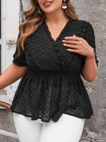 SHEIN Clasi Plus Size Women's Short Sleeve Shirt With Frill Hem - Black - View 1