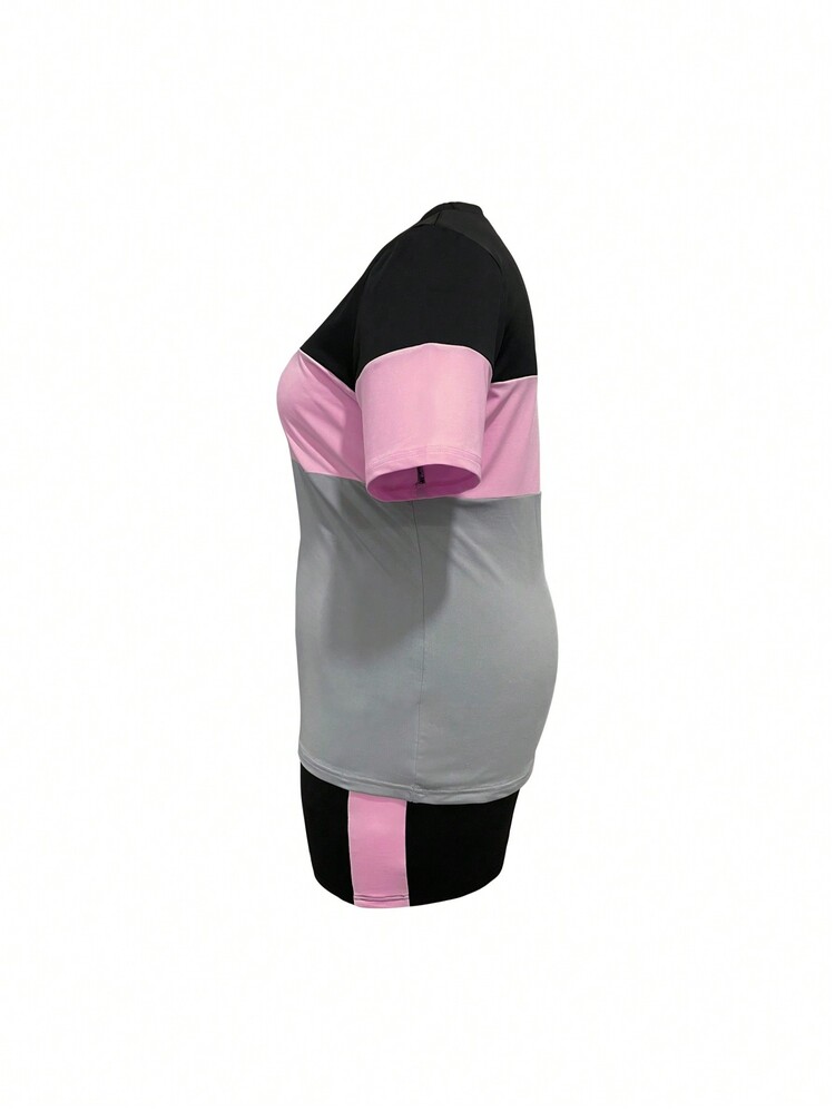 Plus Size Summer Fashion Colorblock Round Neck Short Sleeve T-Shirt And Shorts Set - Grey - View 4