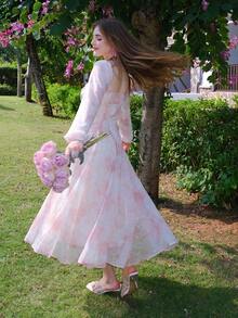 Women's Floral Printed Lantern Sleeve Dress - Pink - View 2