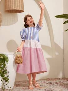 SHEIN Tween Girls' Loose Cute Round Neck Pullover Bubble Sleeve Patchwork Striped Color Block Midi Dress