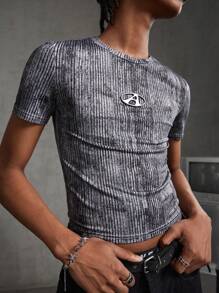 AXEPEAK Men's Metallic Letter Embroidery Short Sleeve Knit Casual T-Shirt, Summer, Streetwear Fashion - Grey - View 4