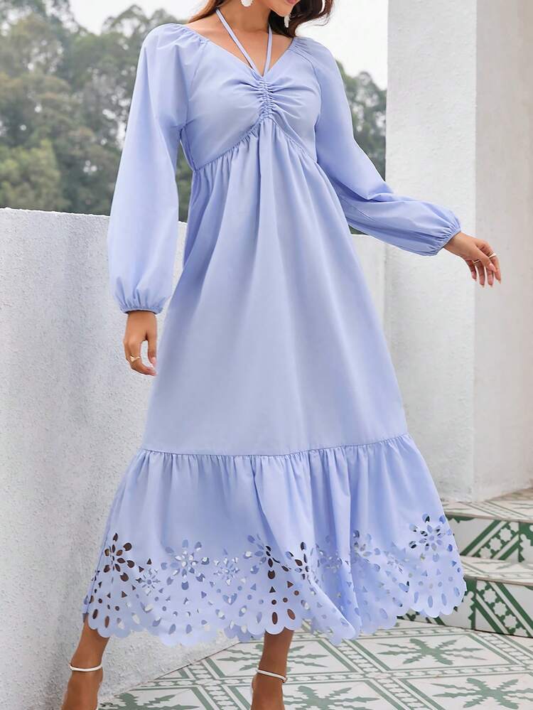 Women's Solid Color Lantern Sleeve Dress With Ruffled Hem