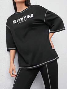 Mulvari In thư Cạnh thô Thả vai Áo thun Và Quần Bộ - màu đen - Xem 2