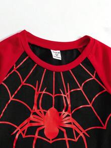 SHEIN 年輕男孩蜘蛛印花圓領短袖上衣和短褲套裝 - 黑色 - 查看 5