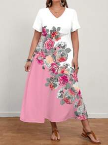 EMERY ROSE Váy dài tay ngắn in hoa hồng cỡ lớn cho nữ, mùa hè - Hồng - Xem 5