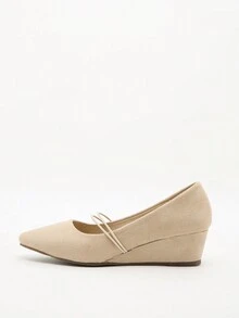 女式尖頭增高楔型鞋,帶彈性紮帶的瑪莉珍鞋款 - 杏色 - 查看 4