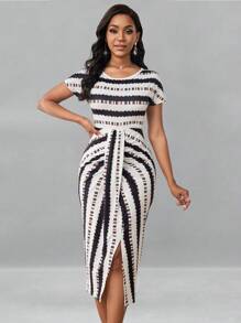 SHEIN Unity Women's Slim Fit Geometric Pattern Dress Maxi Women Outfit - Multicolor - View 5