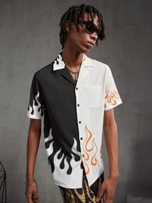 Manfinity VCAY Men's Woven Color Block Flame Print Short Sleeve Shirt - Multicolor - View 5