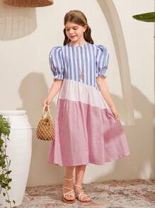 SHEIN Tween Girls' Loose Cute Round Neck Pullover Bubble Sleeve Patchwork Striped Color Block Midi Dress