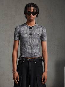 AXEPEAK Men's Metallic Letter Embroidery Short Sleeve Knit Casual T-Shirt, Summer, Streetwear Fashion - Grey - View 6