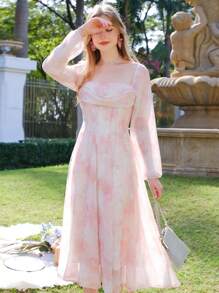 Women's Floral Printed Lantern Sleeve Dress - Pink - View 1