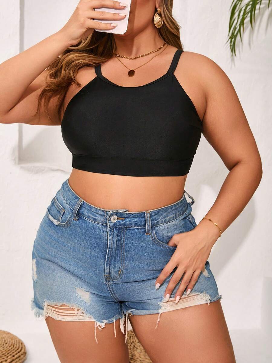 SHEIN Swim Curve Plus Size Women's Summer Beach Solid Color Bikini Top - Black - View 1
