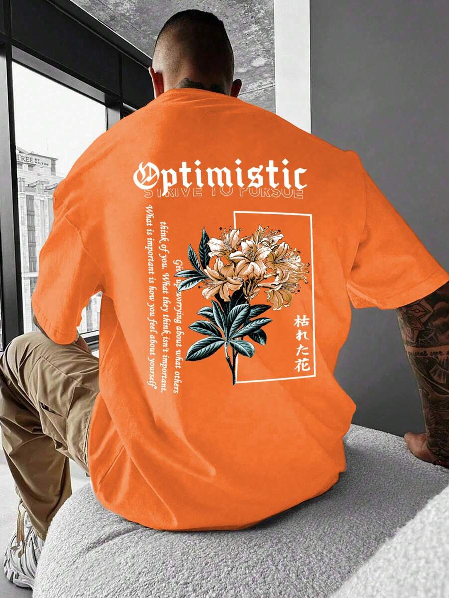 GENIUS ODE Maglietta a maniche corte con stampe floreali e slogan, abbigliamento casual da uscire, stile urban per uomo di taglia oversize - Arancia Bruciata - Visualizzare 1