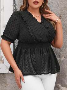 SHEIN Clasi Plus Size Women's Short Sleeve Shirt With Frill Hem - Black - View 4