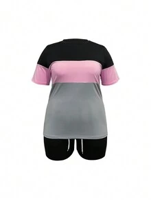 Conjunto de camiseta de manga corta con cuello redondo y shorts de talla grande con bloque de color para moda de verano - Gris - Ver 3