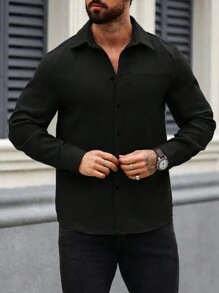 Manfinity Homme Men's Solid Color Casual Long Sleeve Shirt, Fall - Black - View 5