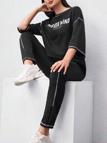Mulvari In thư Cạnh thô Thả vai Áo thun Và Quần Bộ - màu đen - Xem 4
