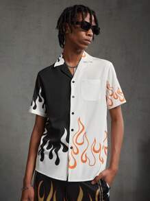 Manfinity VCAY Men's Woven Color Block Flame Print Short Sleeve Shirt - Multicolor - View 6