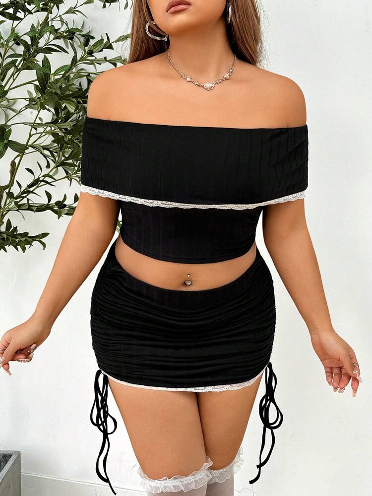 Plus Size Off-Shoulder Lace Trimmed Cropped Top With Drawstring & Ruched Mini Skirt Set