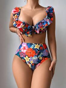 SHEIN Swim 女士聚拢花卉和植物印花比基尼套装狂欢夏日海滩 - 彩色 - 查看 8