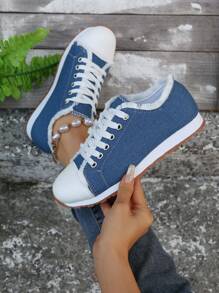 Zapatos Deportivos Informales Para Mujer De Denim Con Cordones, Calzado Para Mujer