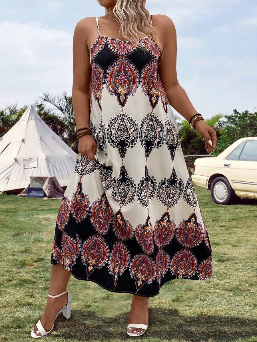 SHEIN LUNE Của phụ nữ Kích thước lớn Lỏng lẻo In Dây đeo Mì Ý  Đầm - Màu be - Xem 1