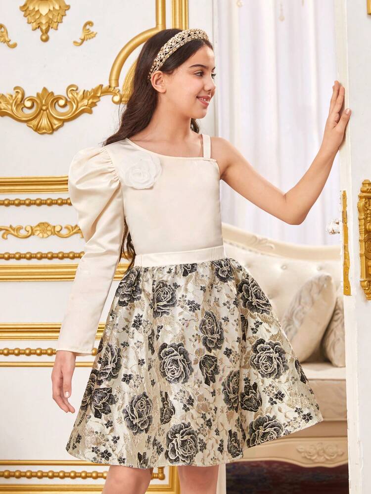 Tween Girls Cute Oblique-Shoulder Blouse And Floral Printed Knee-Length Skirt Set