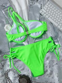 SHEIN Swim Summer Beach Fluorescent Green Neon One Shoulder Bikini Set Bathing Suit - Lime Green - View 8