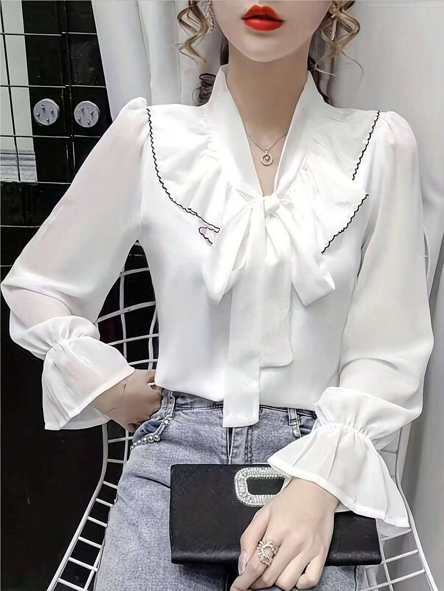 INAWLY 女士系带领口喇叭袖衬衫、长袖上衣 - 白色 - 查看 1