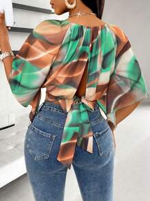 VaVaBold Blusa con mangas raglán y nudo en la espalda con estampado total, blusa de manga media acortada (floral aleatorio) - Multicolor - Ver 1