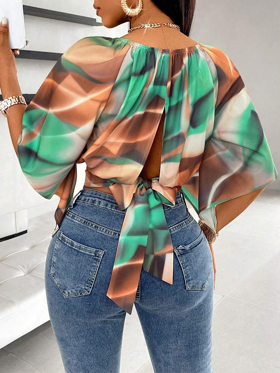 VaVaBold Blusa con mangas raglán y nudo en la espalda con estampado total, blusa de manga media acortada (floral aleatorio) - Multicolor - Ver 1