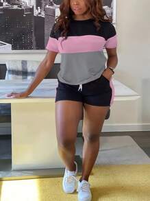 Conjunto de camiseta de manga corta con cuello redondo y shorts de talla grande con bloque de color para moda de verano - Gris - Ver 1