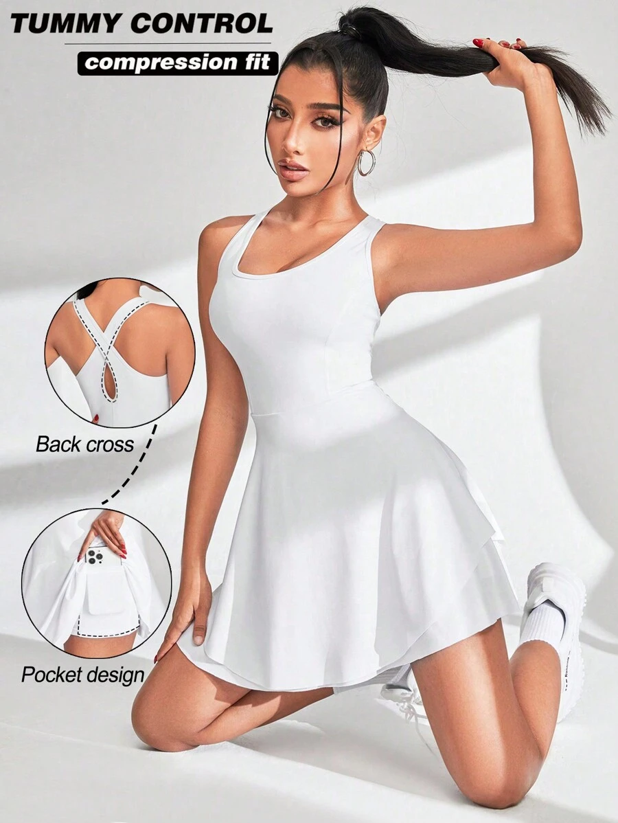 SHEIN 女式后背交叉带智能手机口袋运动网球连衣裙 - 白色 - 查看 1