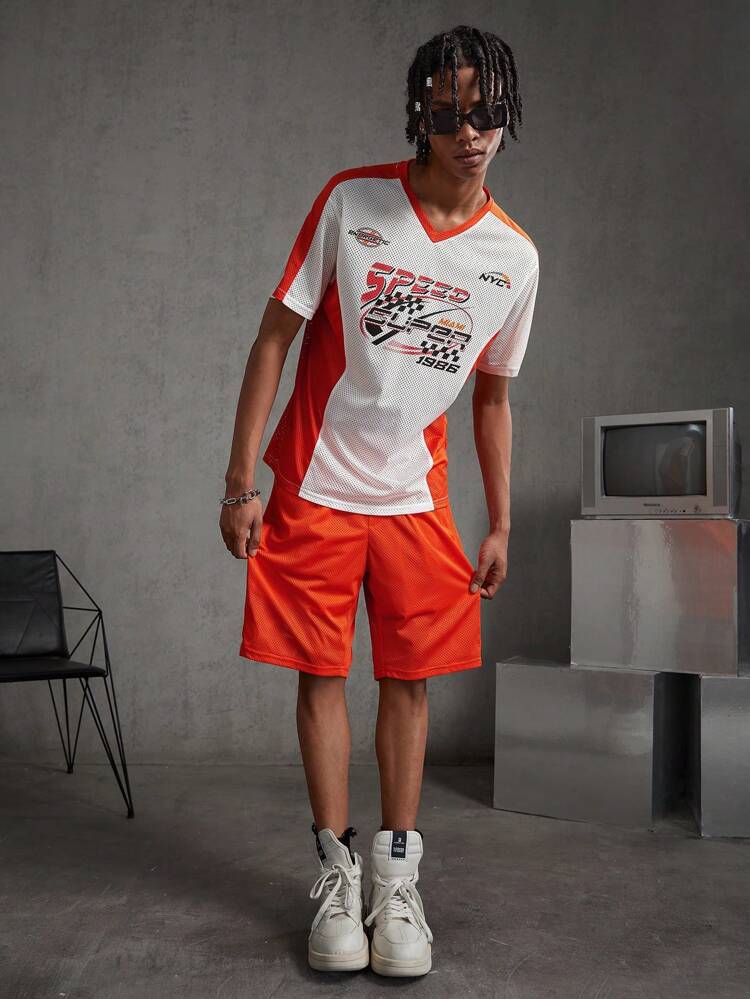 Men's Color-Block Breathable Mesh Top With Letter Print And Solid Color Shorts Set