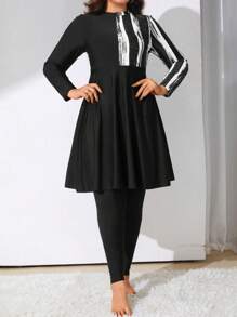 Swim Mulvari Summer Beach Plus Size Women's Brush Print Long Sleeve Tankini, Modest Swimwear