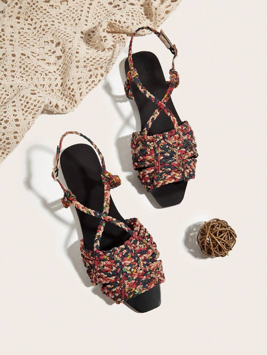 Sandalias planas para mujer con correas tejidas multicolor, patrón tejido aleatorio, patrón floral y de hierba multicolor aleatorio - Multicolor - Ver 1