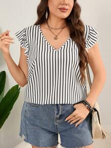 SHEIN LUNE Kích thước lớn NỮ Mùa hè giản dị In sọc lễ Phục sinh Áo cánh - Đen và trắng - Xem 4