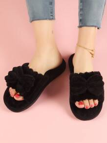 Bow Knot Fluffy Open-Toe Slippers For Women, Soft And Warm Indoor Home Slippers All Seasons