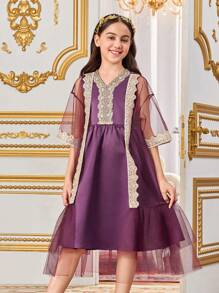 SHEIN Tween Girl Loose Cute Contrast Color Embroidered Mesh Jacket With Applique & V-Neck Dress Two Pieces Set - Purple - View 6