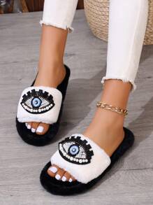 New Women's Plush Slippers With Glittering Rhinestone Eyes Decor, Fashionable,Comfortable, Warm, Open Toe Flat Shoes For Winter Home Floor,Furry Shoes,Fluffy Slippers - Black and White - View 4