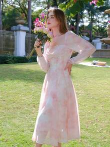 Women's Floral Printed Lantern Sleeve Dress - Pink - View 5
