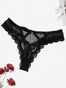 Contrast Lace Cut Out Back Sexy Panty, Black - Black - View 2